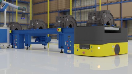 Factory 4.0 concept: An AGV is carrying cylinder block in automotive manufacturing plant. 3D illustration