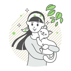 女性が猫を抱えて風を感じるイメージイラスト