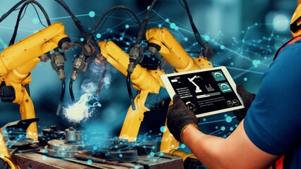 Smart industry robot arms modernization for innovative factory technology . Concept of automation...
