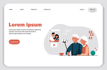 Landing page, Grandparents talk via video link with family . Communicating each other by using the internet through video. Flat vector illustration