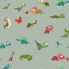 Little cubs dinosaurs. Pretty. Seamless background illustration. Cheerful kind animal baby dino. Cartoons flat style. Prehistoric reptile. Funny. vector
