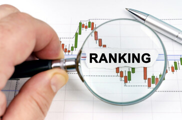 A man looks through a magnifying glass at charts and paper with the inscription - RANKING