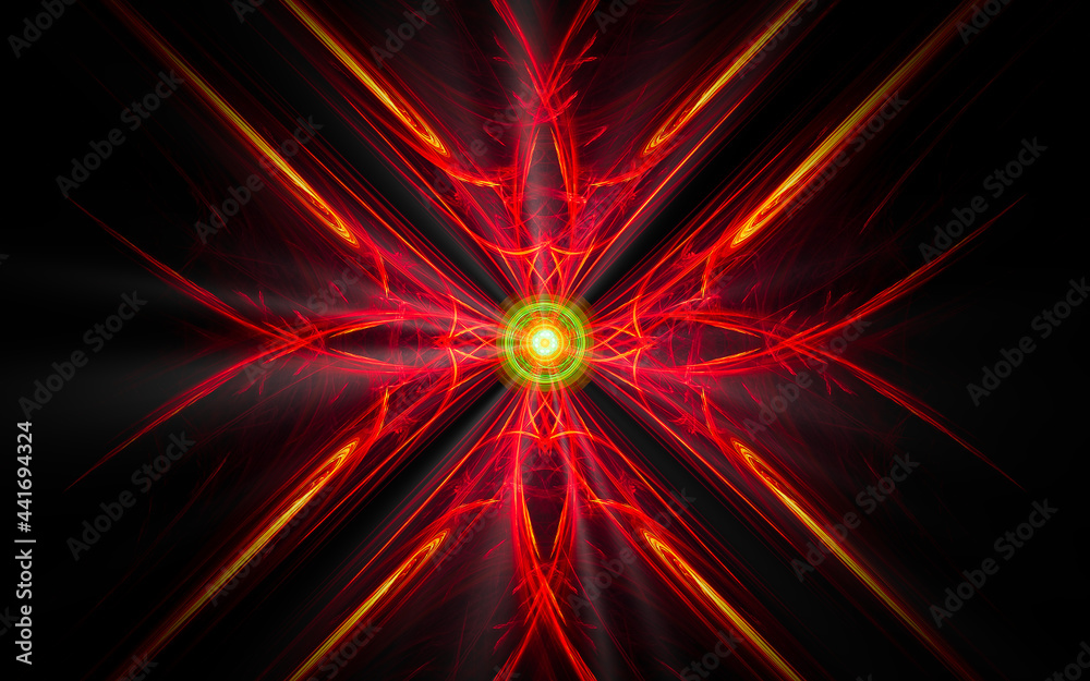 Fototapete abstract illustration of a computer generated fantastic flower of various shapes and shades on a bla