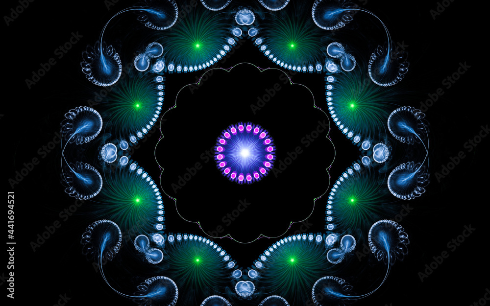 Fototapete abstract illustration of a computer generated fantastic flower of various shapes and shades on a black background for use in symbology, signs for digital design and graphics