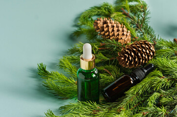 Essential oil of pine and spruce in small glass dropper bottles on a blue background.