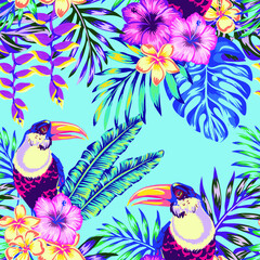 Seamless vector pattern, Tropical bird toucan and multicolor parrot on the background of exotic hibiscus flower and palm leaf. Summer floral plant print. Nature animals wallpaper.
