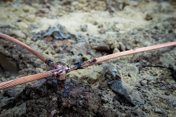 Welding copper ground wire on ground rod.Welding copper ground wire.Connect copper grounding lightning protection system. With the melting