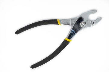 steel mechanical clamp with plastic handle on white background, caliper concept