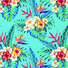 Fototapeta na wymiar Beautiful seamless vector floral pattern, spring summer background with tropical flowers, exotic wallpaper, pastel colors, palm leaves, jungle leaf, hibiscus, bird of paradise flower
