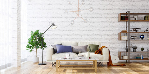 Obraz na płótnie Canvas Modern living room interior with sofa and shelf on white brick wall bakcground, 3d render 