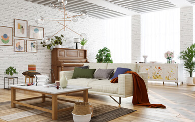 Interior of bright living room with brick walls and wood furniture, 3d render 