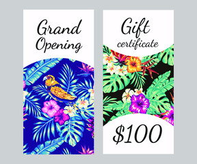 discount voucher, gift voucher vector template and seamless set. patterns with tropical birds on a background of exotic flowers of hibiscus and palm leaves. Summer trendy illustrations.