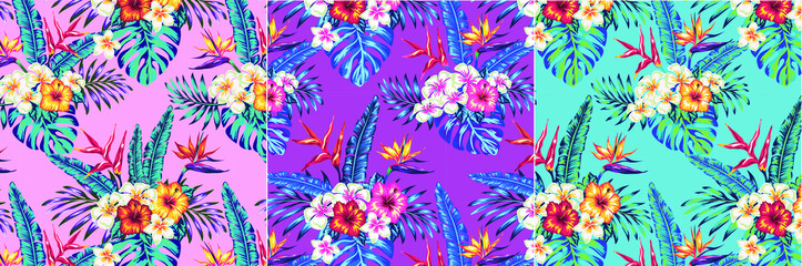 Beautiful seamless vector floral pattern, spring summer background with tropical flowers, exotic wallpaper, pastel colors, palm leaves, jungle leaf, hibiscus, bird of paradise flower