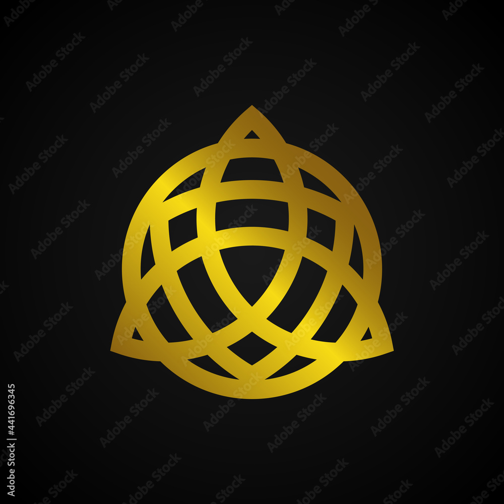 Wall mural trinity vector logo. a Wiccan symbol for protection. Vector golden Celtic trinity knot set isolated on black background. Wiccan divination symbol, ancient occult sign