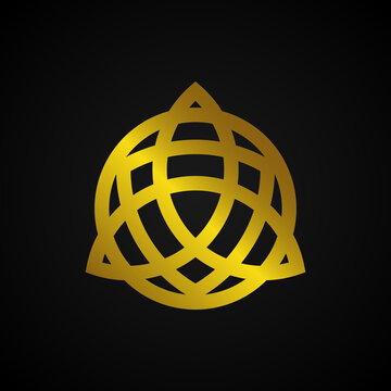 trinity vector logo. a Wiccan symbol for protection. Vector golden Celtic trinity knot set isolated on black background. Wiccan divination symbol, ancient occult sign
