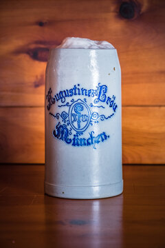 Munich, Germany - May 24 2021: Augustiner Edelstoff Bavarian Beer Liter Stein or Mug.