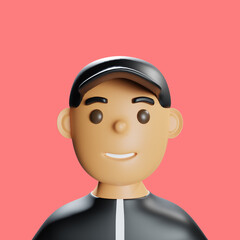 3D illustration of smiling happy man in cap.Cartoon close up portrait of standing man on pink background. 3D render.