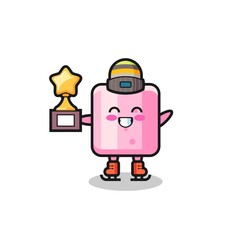 marshmallow cartoon as an ice skating player hold winner trophy