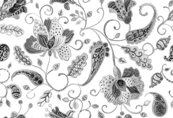 Fototapeta premium Paisley watercolor floral pattern tile: flowers, flores, tulips, leaves. Oriental indian traditional hand painted water color whimsical seamless print, ceramic design. Abstract india batik background