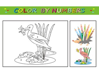 Ibis, bird and fish, coloring book, color by numbers. Number coloring page for preschool children. Learn numbers for kindergartens and schools. Educational game. Worksheet for education.