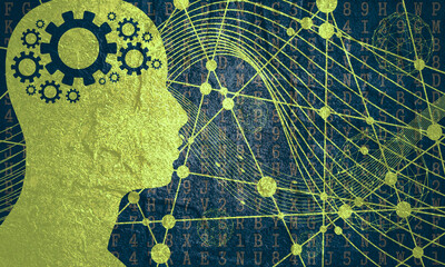 Man head silhouette. Digital matrix overlay texture