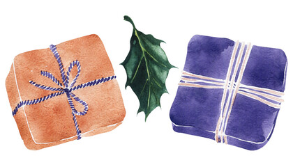 Naklejka premium Watercolor set of illustration for festive New Year and Christmas themes 