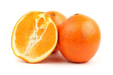 Whole orange fruit and his segments or cantles isolated on white background cutout