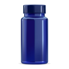 Pill bottle. Vitamin supplement jar mockup, blue plastic 3d package sample without label, vector blank. Tablet container product with cap, pharmaceutical remedy, round vertical design