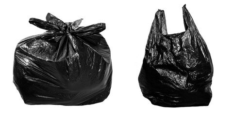 Black trash bag isolated on white background.