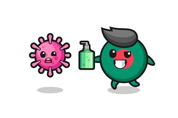 illustration of bangladesh flag badge character chasing evil virus with hand sanitizer