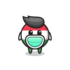 cute hungary flag badge cartoon wearing a mask