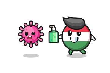 illustration of hungary flag badge character chasing evil virus with hand sanitizer