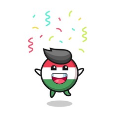 happy hungary flag badge mascot jumping for congratulation with colour confetti