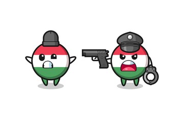 illustration of hungary flag badge robber with hands up pose caught by police