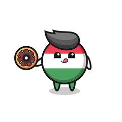illustration of an hungary flag badge character eating a doughnut