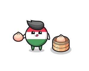 cute hungary flag badge character eating steamed buns