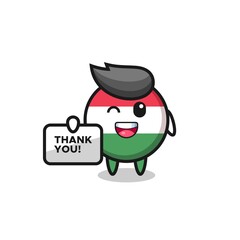 the mascot of the hungary flag badge holding a banner that says thank you