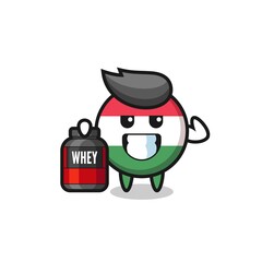 the muscular hungary flag badge character is holding a protein supplement