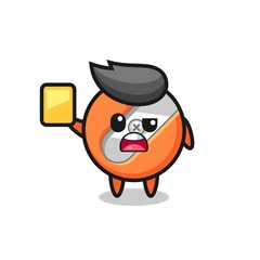 cartoon pencil sharpener character as a football referee giving a yellow card