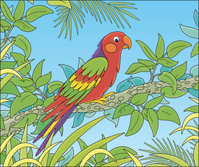 Exotic colorful parrot with a long tail and brightly colored plumage, perched on a green tree branch in a tropical jungle, vector cartoon illustration