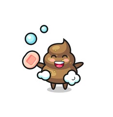 poop character is bathing while holding soap