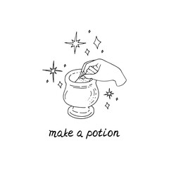 Line art illustration of hand drawn witch hands holding stone mortar. Lettering text make a potion. Isolated on white background.