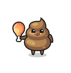 poop cute mascot is eating a fried chicken