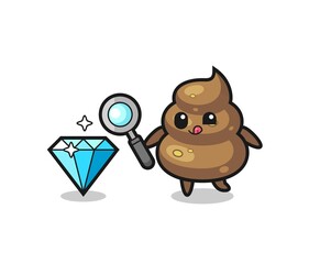 poop mascot is checking the authenticity of a diamond