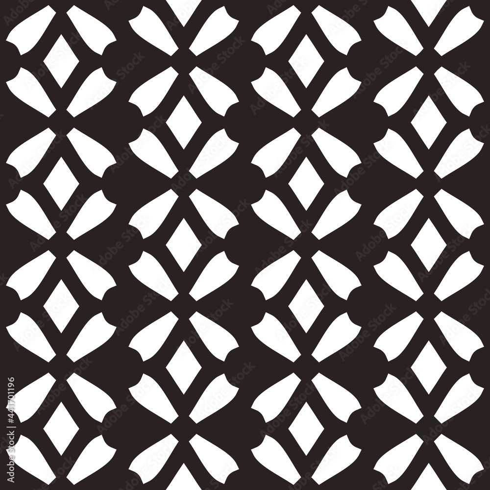 Poster white minimal shapes pattern. seamless and vector black background and white petals with rhomb.