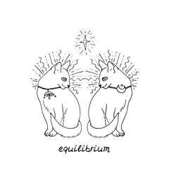 Monochrome line art illustration of hand drawn two mystical cats. Witch pet black and white decorated with moon and star. Text equlibrium. Isolated on white background.