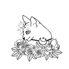 Monochrome line art illustration of hand drawn mystical cat. Witch pet black and white decorated with flowers. Isolated on white background.