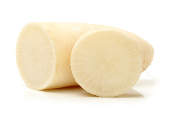 White radish on white background 
