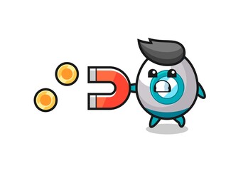 the character of rocket hold a magnet to catch the gold coins