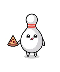 cute bowling pin cartoon eating pizza